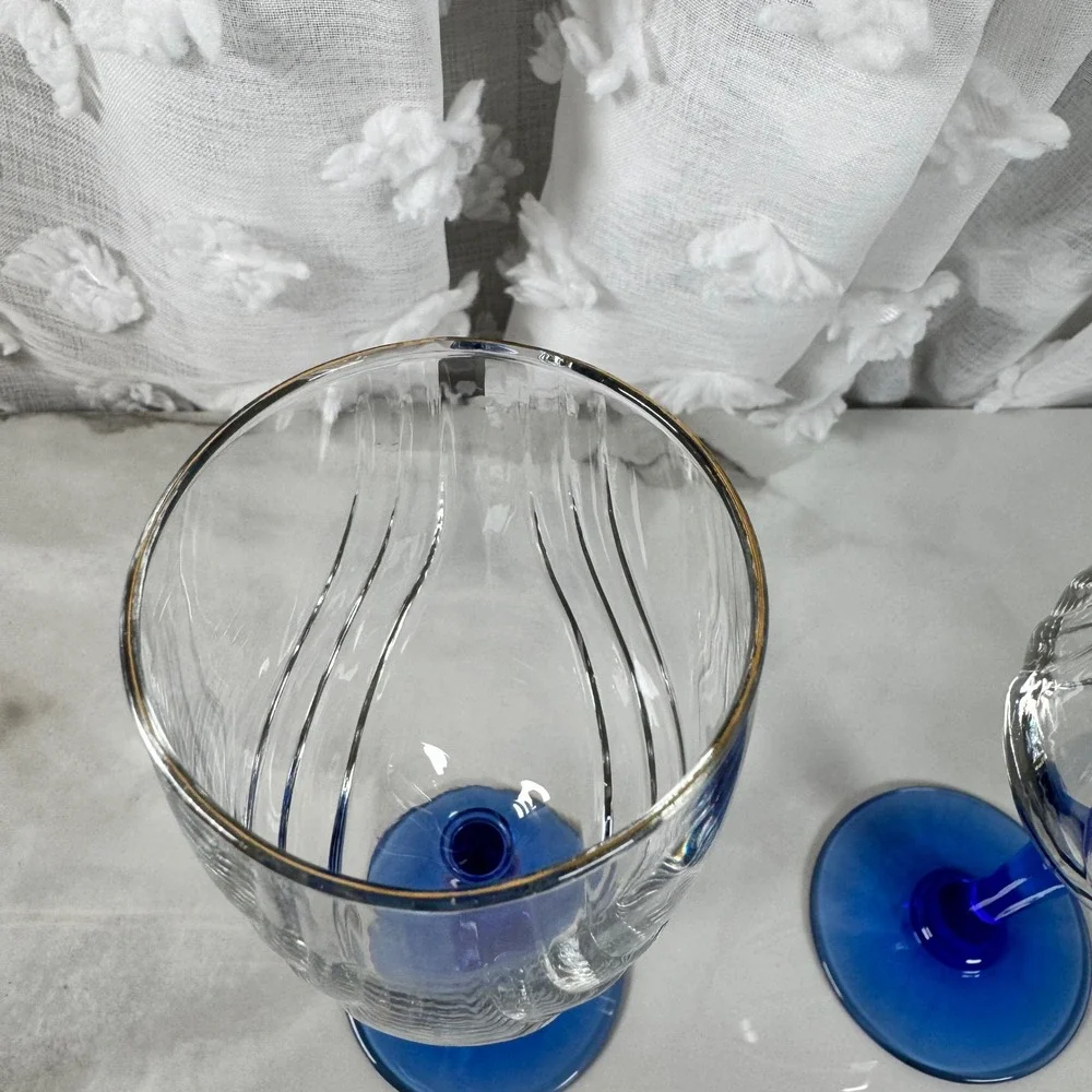 Lenox Swag Drape Cobalt Blue‎ Stem Wine Glass Goblet Set of 2 Gold Rim